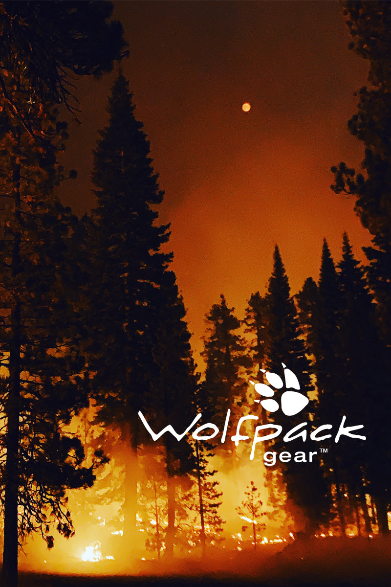 Wolfpack Gear™ logo over wildland forest fire at night